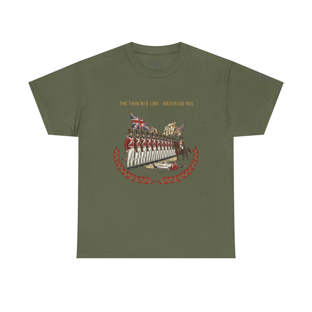Olive drab t-shirt by S&amp;W Gallus, featuring the Waterloo 1815 Thin Red Line graphic on the front.