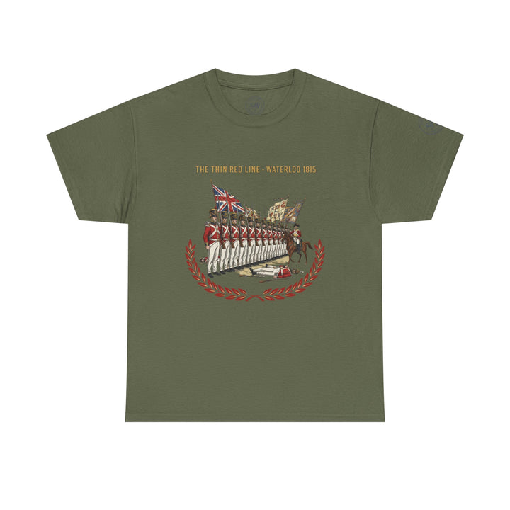 Olive drab t-shirt by S&amp;W Gallus, featuring the Waterloo 1815 Thin Red Line graphic on the front.