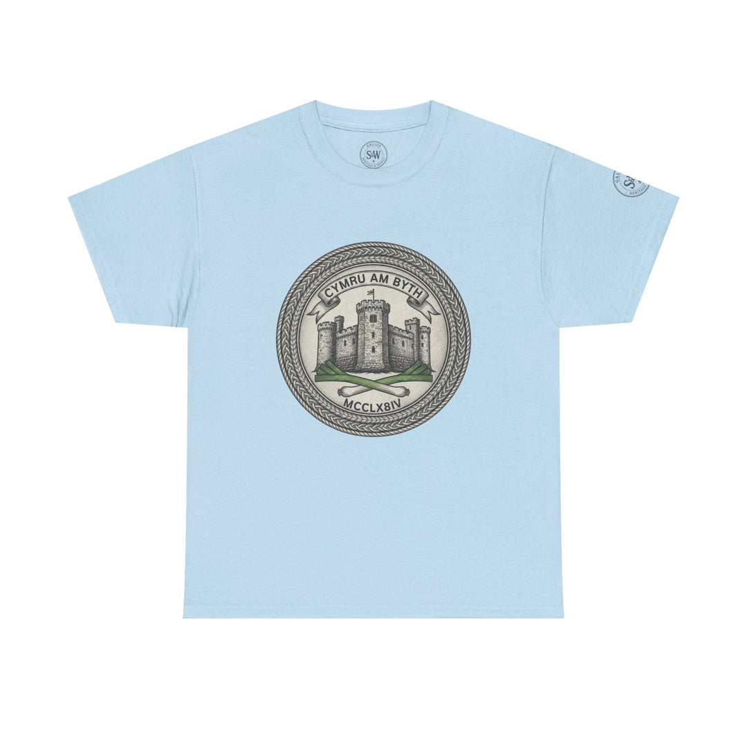 Light blue t-shirt by S&amp;W Gallus, featuring a vintage-style heraldic crest with Welsh motto and castle image.
