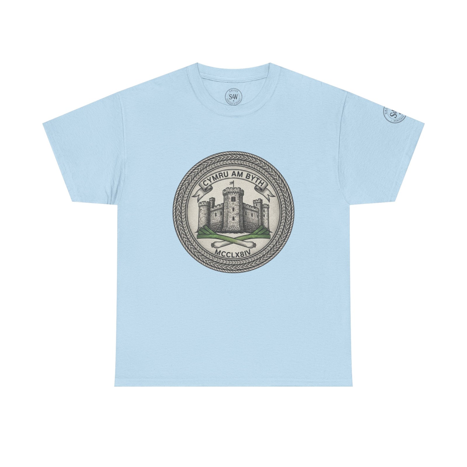 Light blue t-shirt by S&W Gallus, featuring a vintage-style heraldic crest with Welsh motto and castle image.
