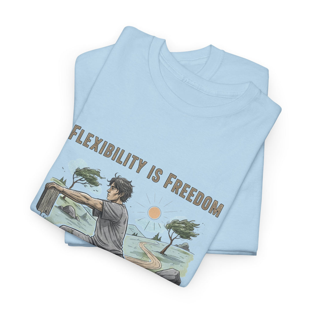 Flexibility Is Freedom Tee – soft, breathable cotton featuring a motivational design. Perfect for yoga, Pilates, stretching, or casual active lifestyle wear.