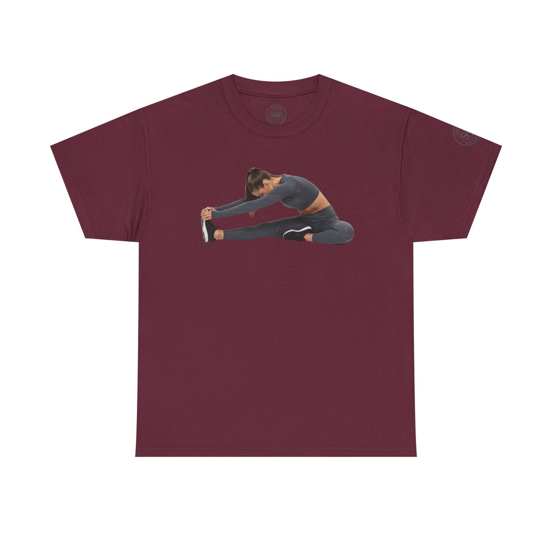 Maroon t-shirt by S&amp;W Gallus with a yoga stretching graphic printed on the front.
