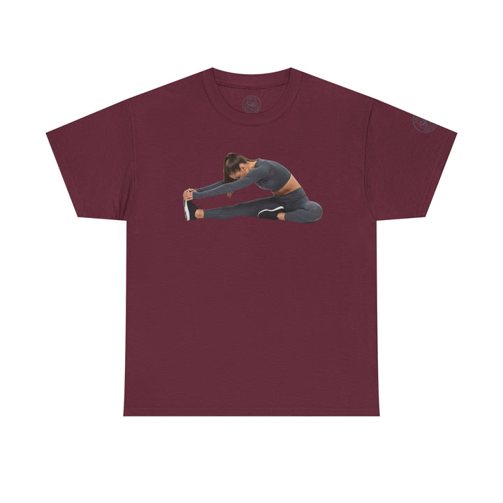 Maroon t-shirt by S&amp;W Gallus with a yoga stretching graphic printed on the front.