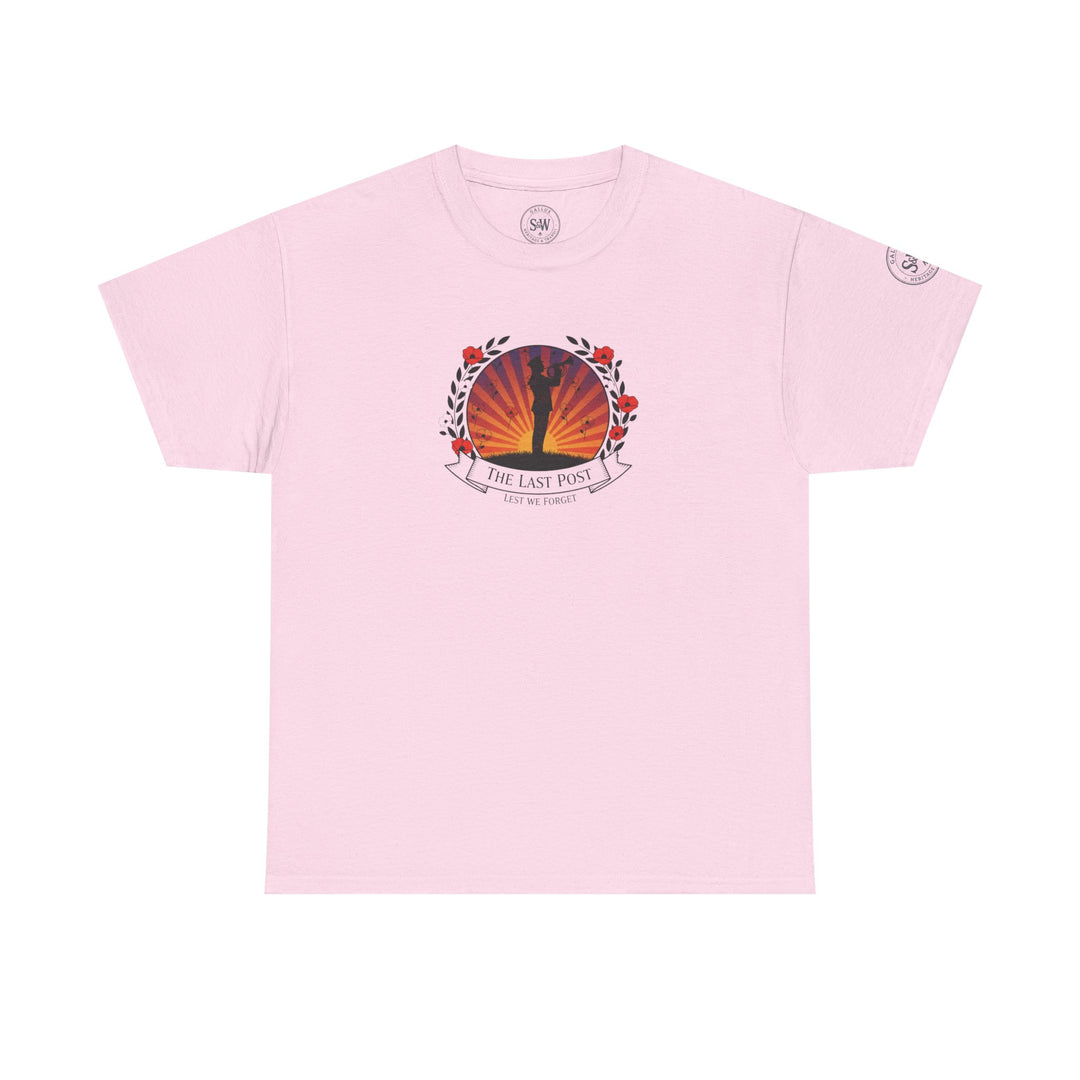 Light pink t-shirt by S&amp;W Gallus, featuring a central "The Last Post" design with a silhouetted figure and poppy wreath.
