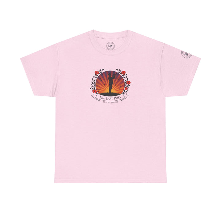 Light pink t-shirt by S&amp;W Gallus, featuring a central "The Last Post" design with a silhouetted figure and poppy wreath.
