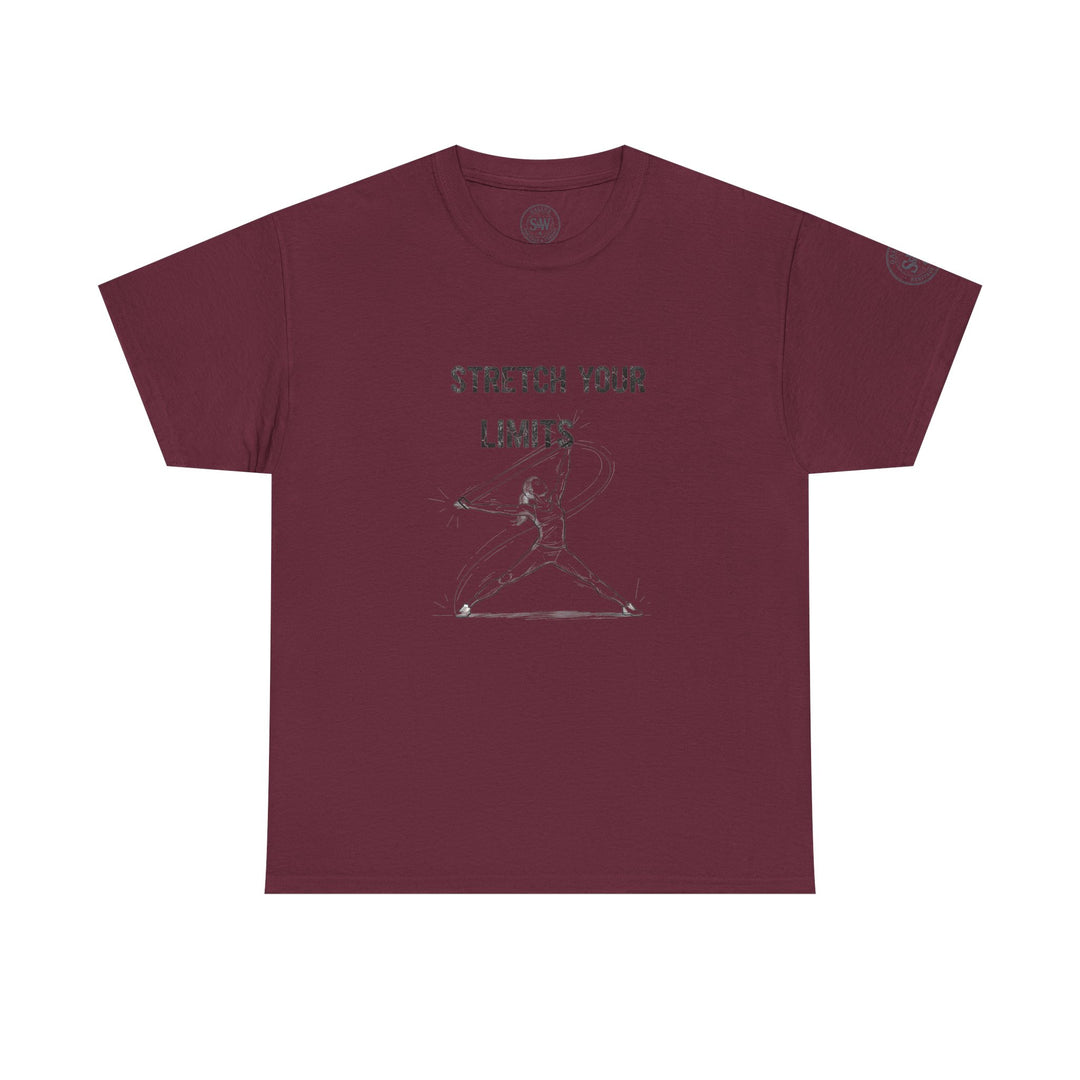 Maroon t-shirt by S&amp;W Gallus featuring a stylized graphic of a person stretching and "stretch your limits" text.