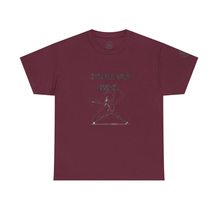 Maroon t-shirt by S&amp;W Gallus featuring a stylized graphic of a person stretching and "stretch your limits" text.