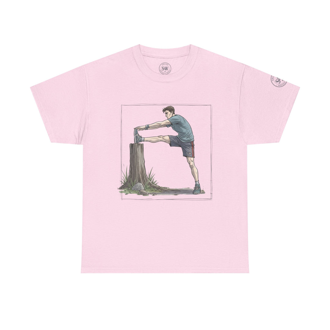 Light pink t-shirt by S&amp;W Gallus, featuring a graphic illustration of a runner stretching against a tree stump.