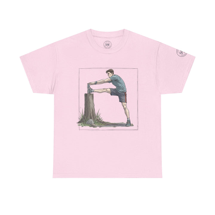Light pink t-shirt by S&amp;W Gallus, featuring a graphic illustration of a runner stretching against a tree stump.