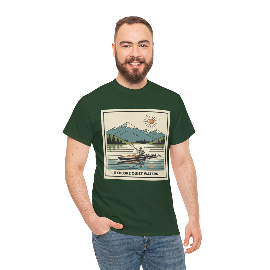 Green t-shirt with graphic print by S&amp;W Gallus, featuring mountains, lake, and a person in a kayak.