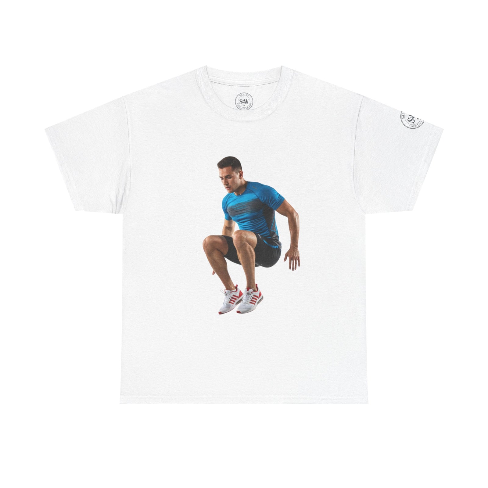 White t-shirt by S&W Gallus, featuring an athlete jumping in the middle.