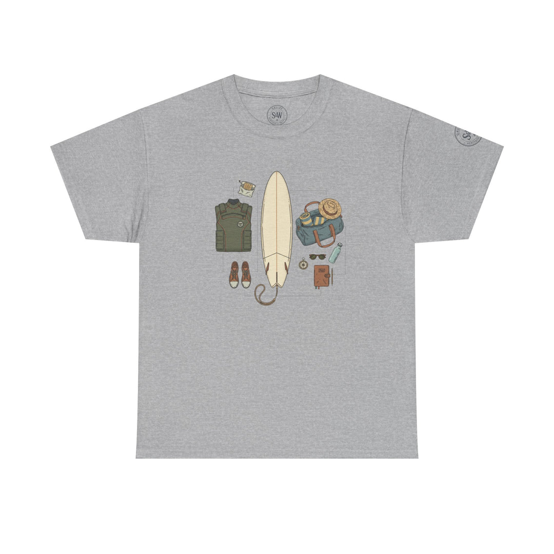 Gray T-shirt by S&amp;W Gallus with a printed illustration of surf trip gear on the chest.