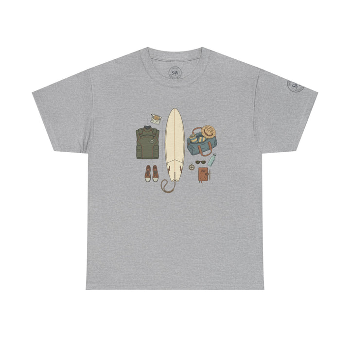 Gray T-shirt by S&amp;W Gallus with a printed illustration of surf trip gear on the chest.
