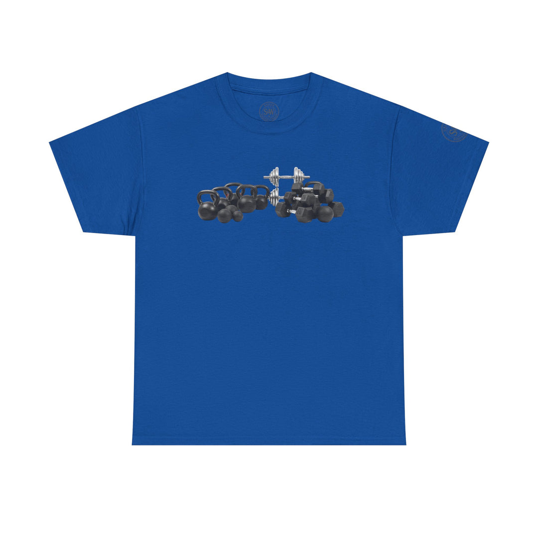 Blue t-shirt by S&amp;W Gallus, featuring a kettlebell weightlifting graphic on the front.