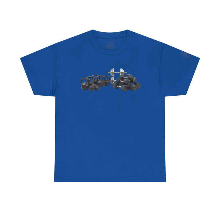 Blue t-shirt by S&amp;W Gallus, featuring a kettlebell weightlifting graphic on the front.