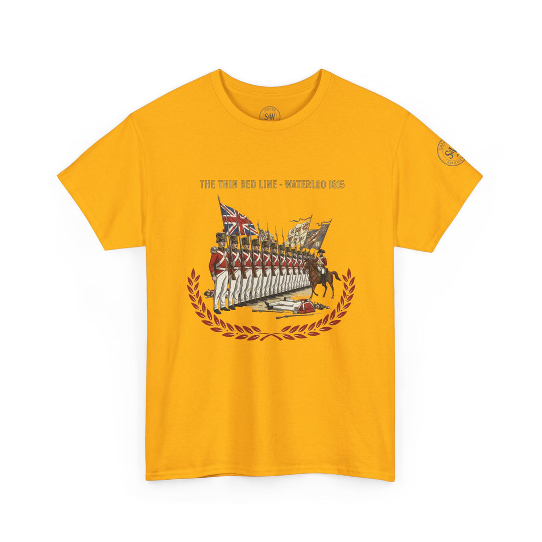Mustard yellow t-shirt by S&amp;W Gallus featuring a Waterloo 1815 "Thin Red Line" graphic on the front.