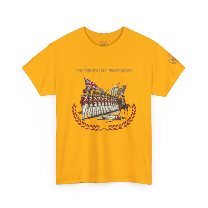 Mustard yellow t-shirt by S&amp;W Gallus featuring a Waterloo 1815 "Thin Red Line" graphic on the front.