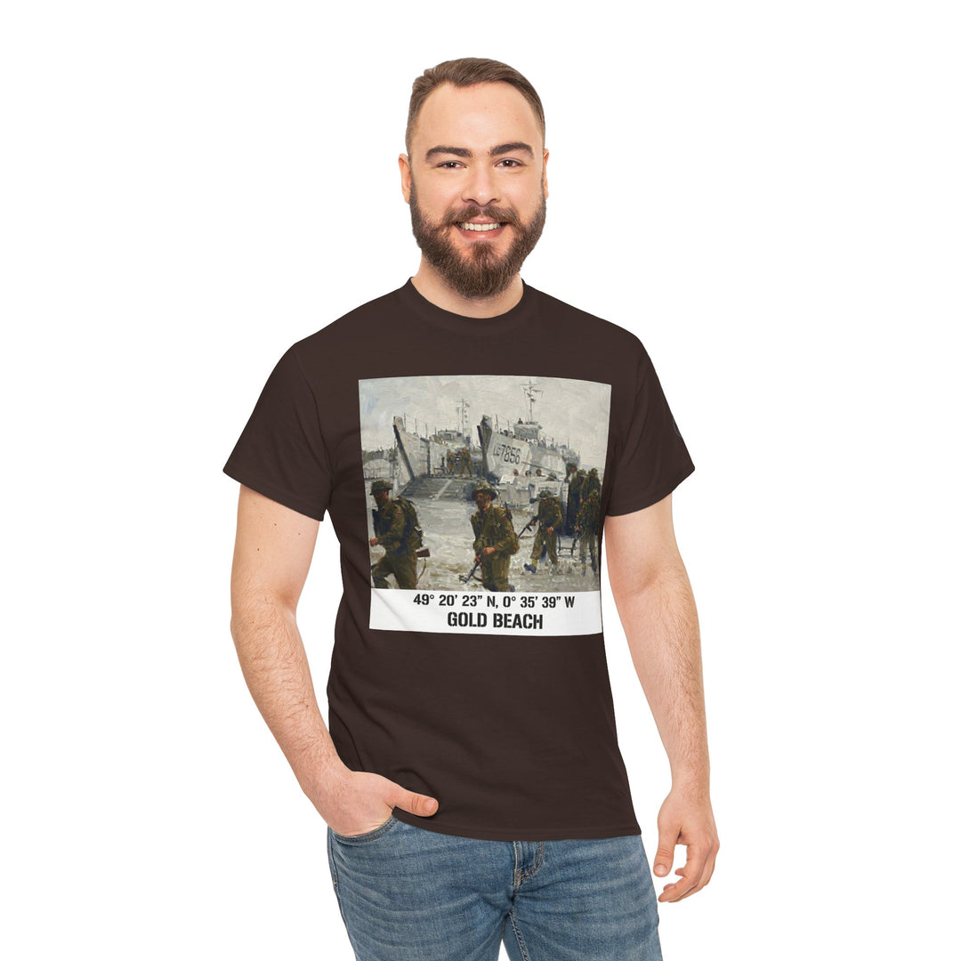 Brown t-shirt from Veteran owned, featuring a Gold Beach D-Day graphic and coordinates, styled with jeans.