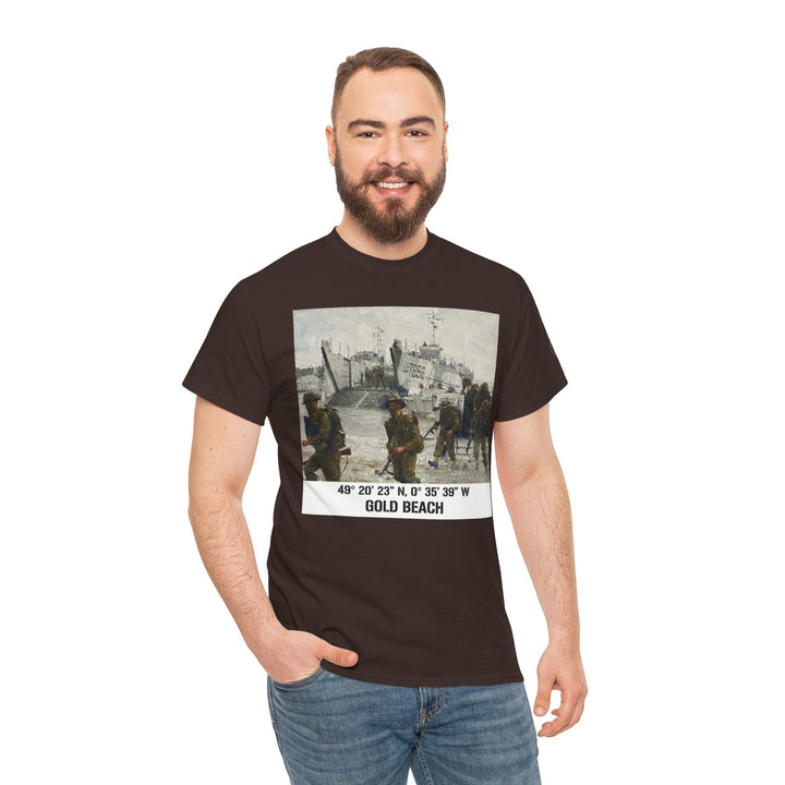 Brown t-shirt from Veteran owned, featuring a Gold Beach D-Day graphic and coordinates, styled with jeans.