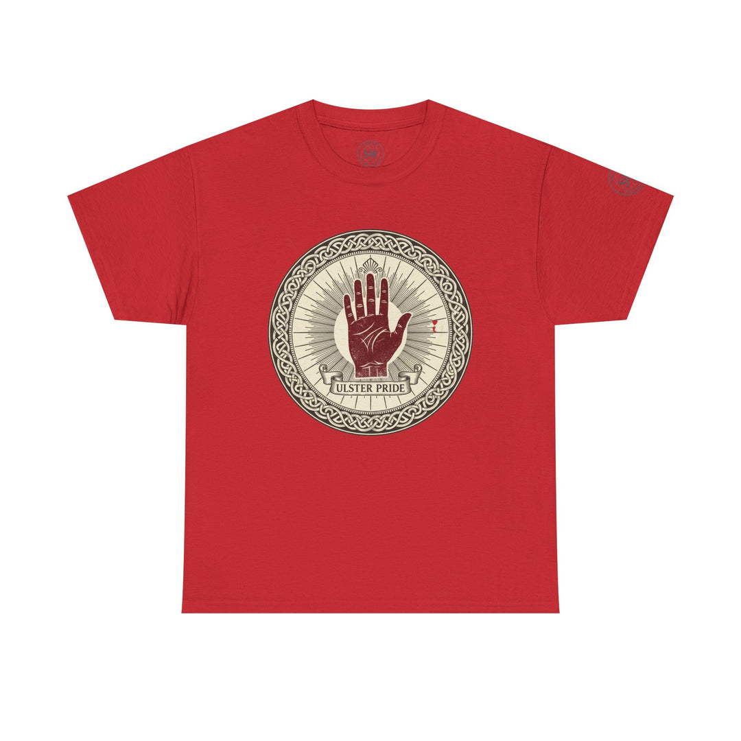 Red Ulster Pride t-shirt by S&amp;W Gallus featuring a graphic of the Red Hand of Ulster within a Celtic knot circle.
