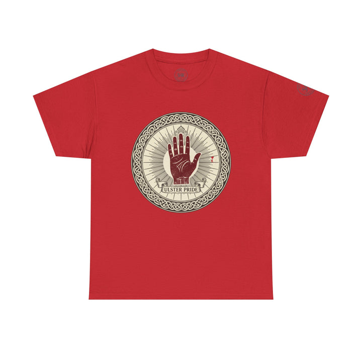 Red Ulster Pride t-shirt by S&amp;W Gallus featuring a graphic of the Red Hand of Ulster within a Celtic knot circle.