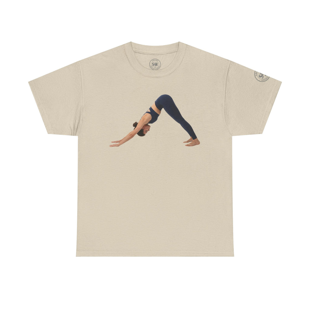 Beige t-shirt with yoga pose graphic by S&amp;W Gallus, featuring a crew neck and short sleeves.