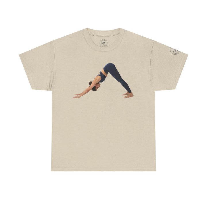 Beige t-shirt with yoga pose graphic by S&amp;W Gallus, featuring a crew neck and short sleeves.