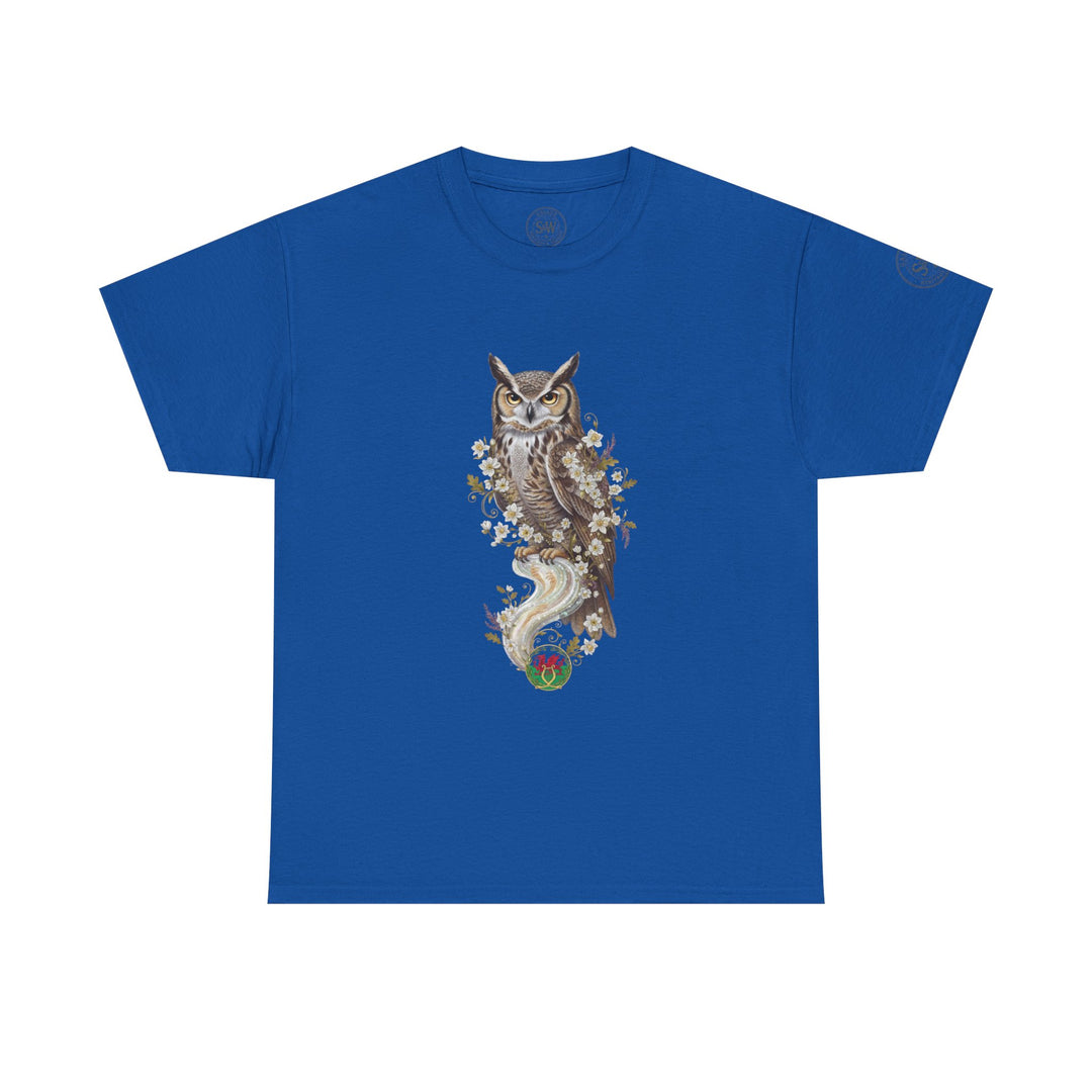 Blue graphic tee by S&amp;W Gallus featuring an owl and floral design on the front.