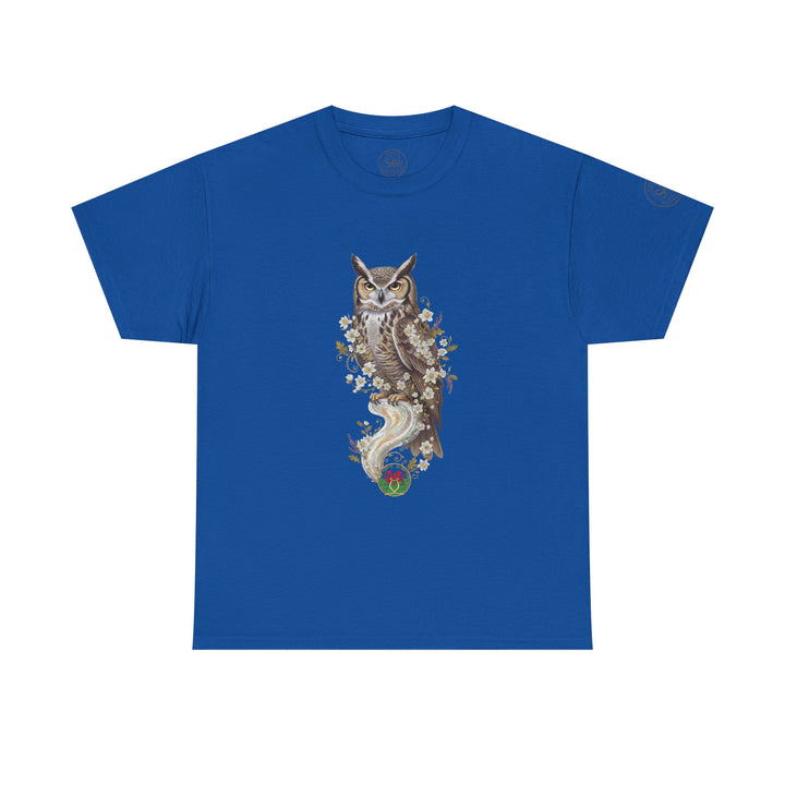 Blue graphic tee by S&amp;W Gallus featuring an owl and floral design on the front.