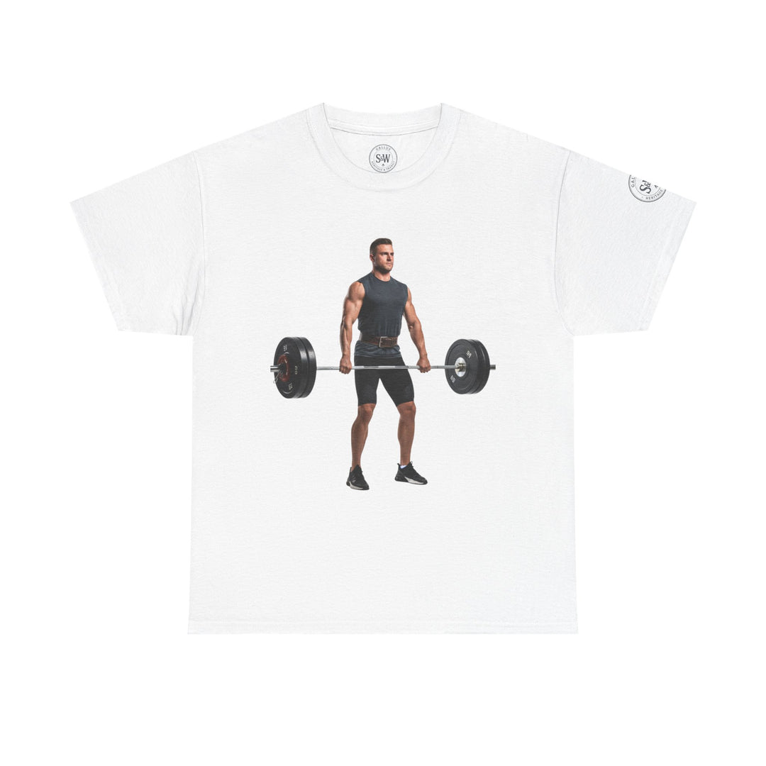 White graphic tee by S&amp;W Gallus with a weightlifter on the front.