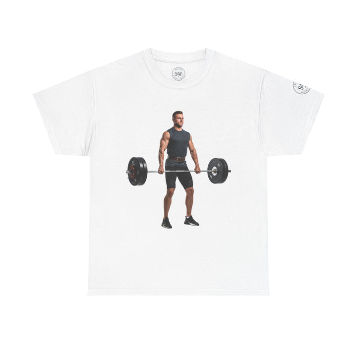 White graphic tee by S&amp;W Gallus with a weightlifter on the front.