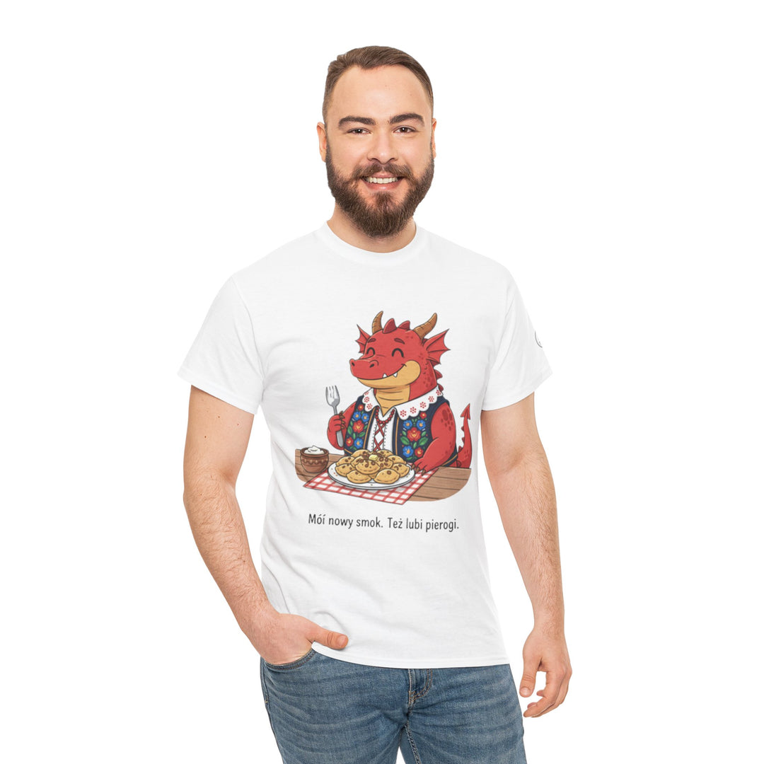 White t-shirt by S&amp;W Gallus featuring a cartoon dragon eating pierogi and Polish text.
