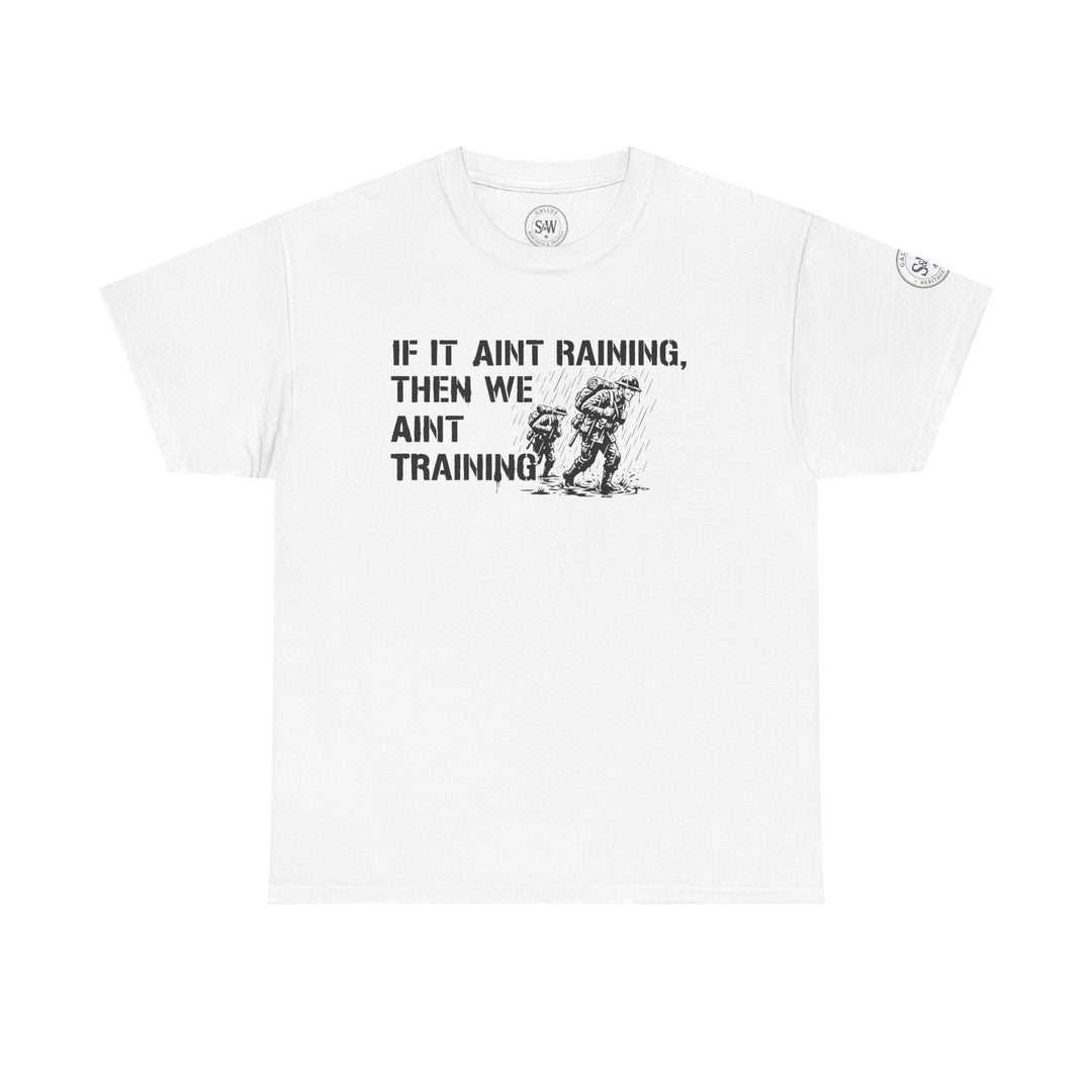 White t-shirt by S&amp;W Gallus featuring a military-inspired graphic print of soldiers training in the rain.