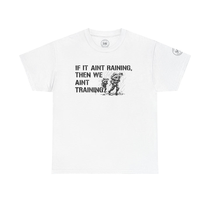 White t-shirt by S&amp;W Gallus featuring a military-inspired graphic print of soldiers training in the rain.