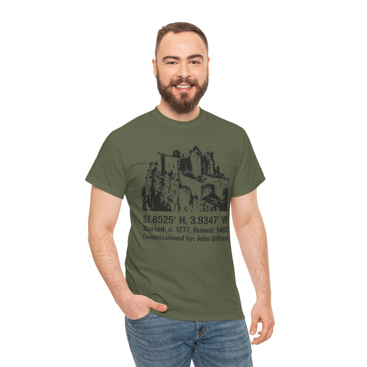 Olive green t-shirt by S&amp;W Gallus, featuring a castle graphic and coordinates, worn with jeans.