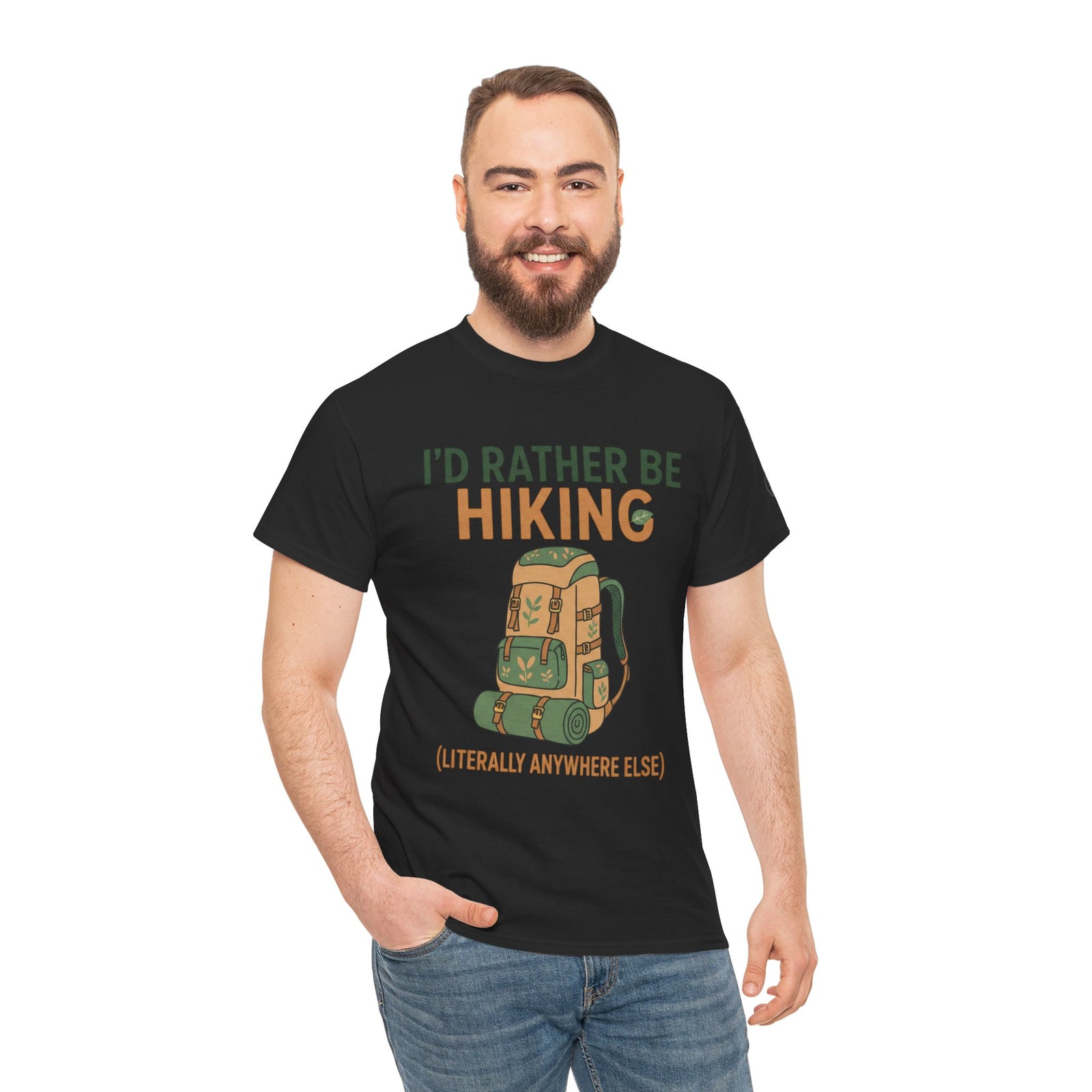 Black hiking t-shirt by S&W Gallus, featuring a graphic of a backpack and the phrase "I'd Rather Be Hiking".