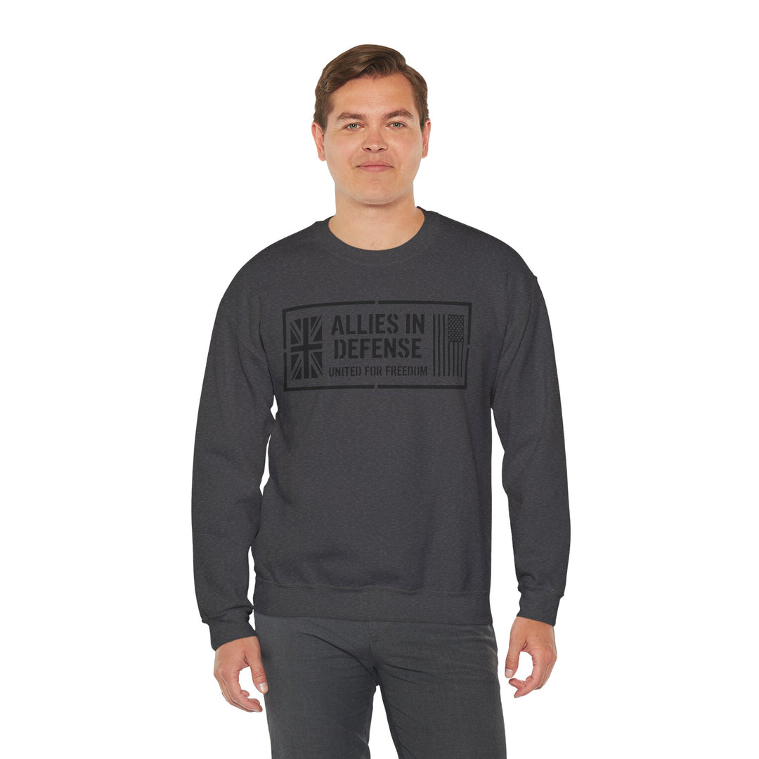 Charcoal gray crewneck sweatshirt from S&amp;W Gallus, featuring "Allies In Defense" graphic with British and American flag details.
