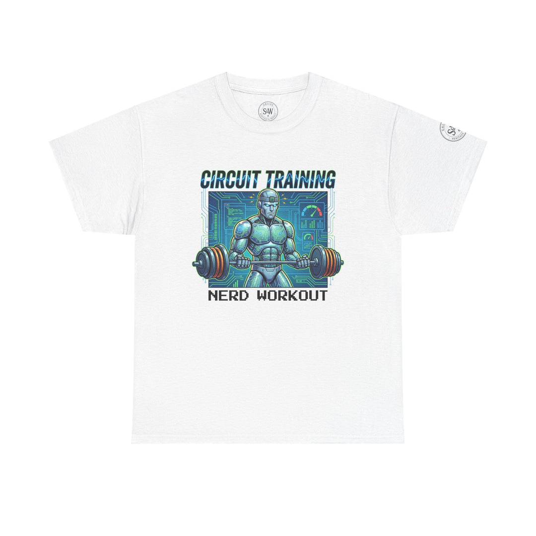 White t-shirt by Veteran owned, featuring a robot lifting weights and "Circuit Training Nerd Workout" text.
