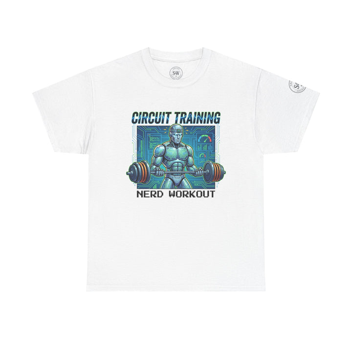 White t-shirt by Veteran owned, featuring a robot lifting weights and "Circuit Training Nerd Workout" text.
