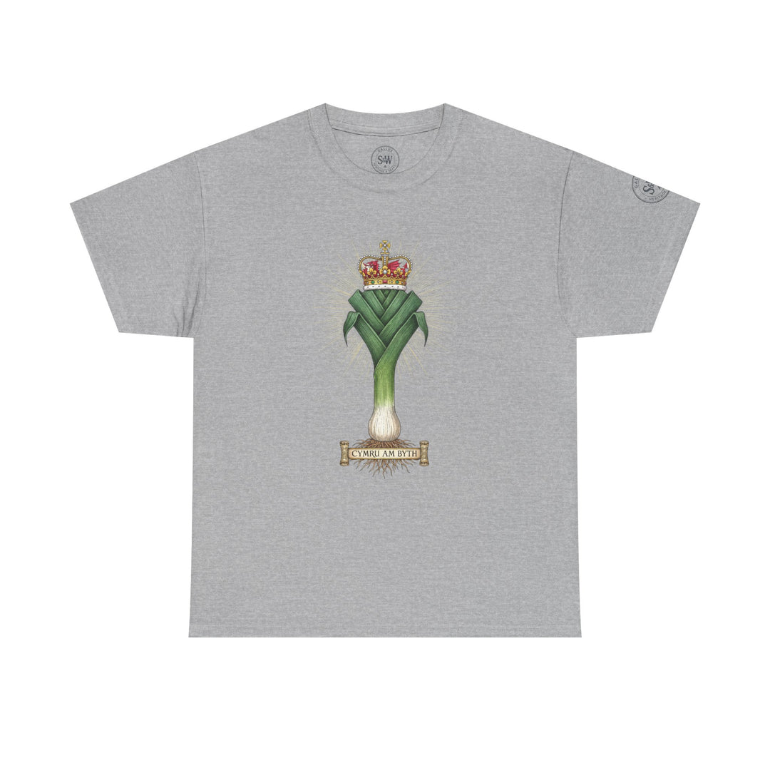 Gray t-shirt by S&amp;W Gallus with a leek and crown design and the phrase "Cymru Am Byth".
