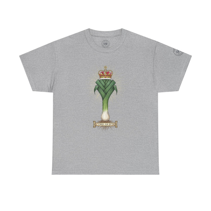 Gray t-shirt by S&amp;W Gallus with a leek and crown design and the phrase "Cymru Am Byth".
