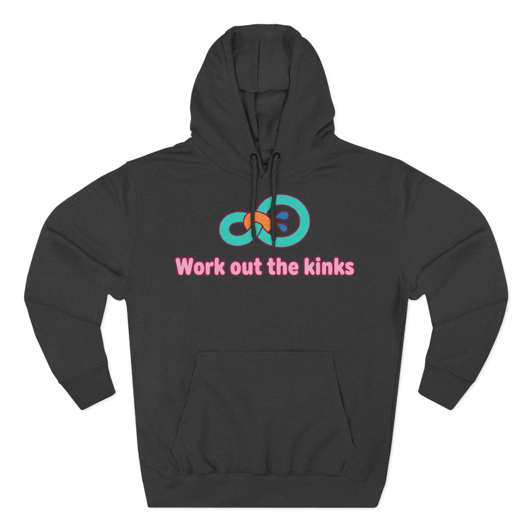 Dark gray hoodie by S&amp;W Gallus with a graphic design and the text "Work out the kinks".