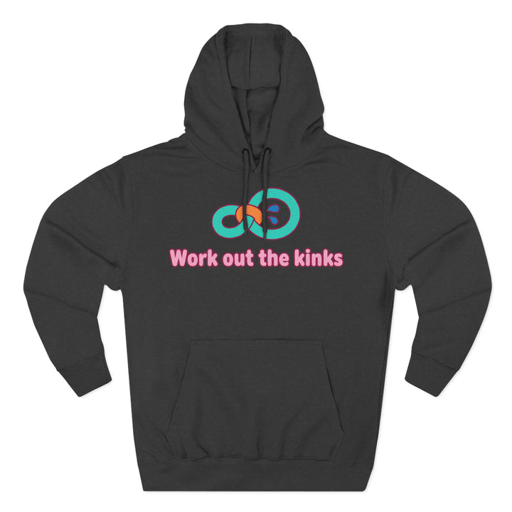 Dark gray hoodie by S&amp;W Gallus with a graphic design and the text "Work out the kinks".
