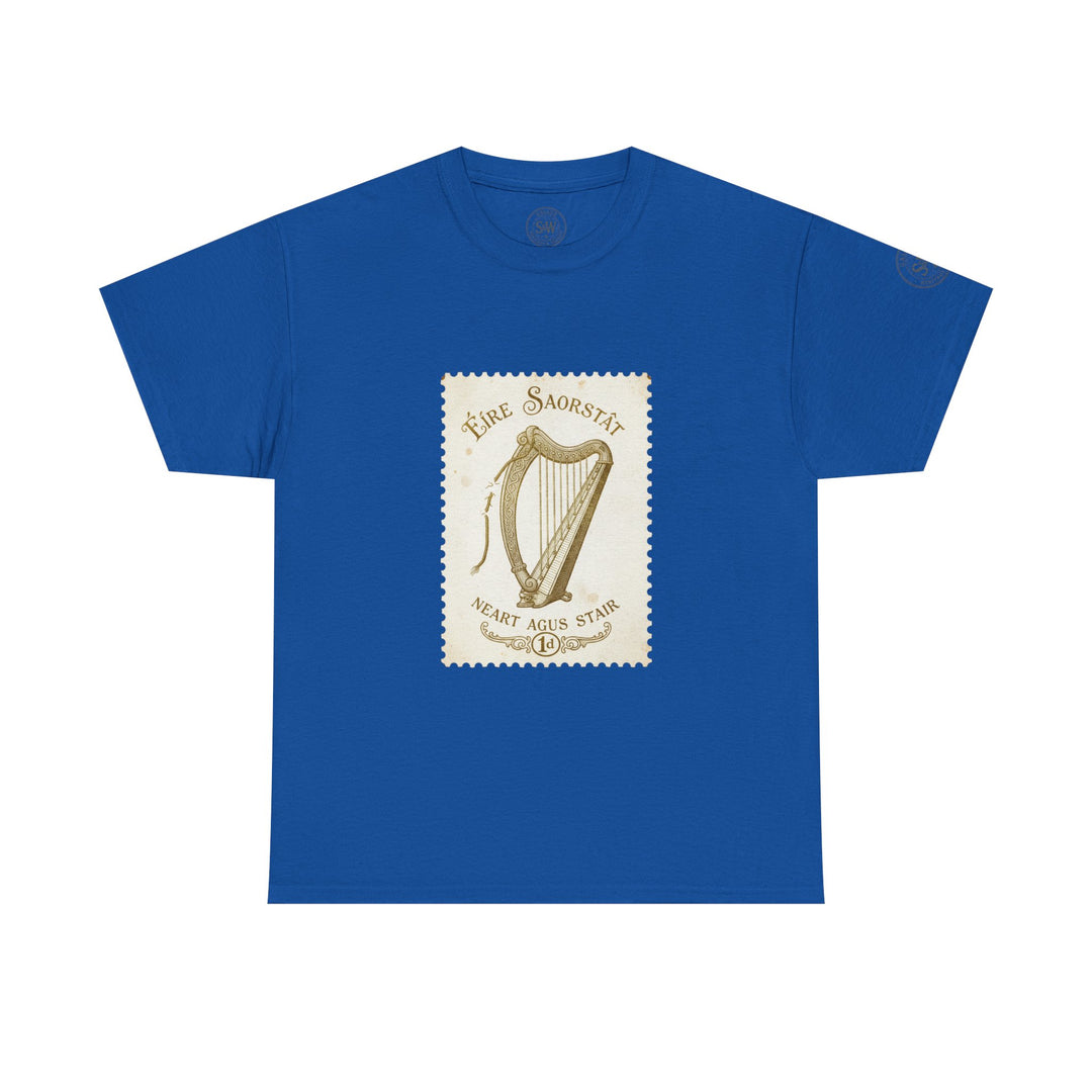 Blue t-shirt by S&amp;W Gallus, featuring an Irish harp vintage postage stamp design.