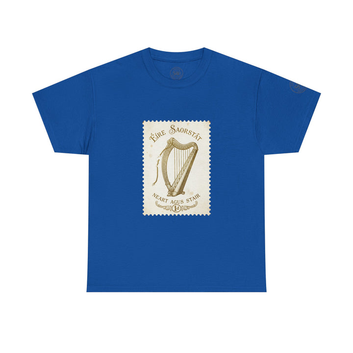 Blue t-shirt by S&amp;W Gallus, featuring an Irish harp vintage postage stamp design.