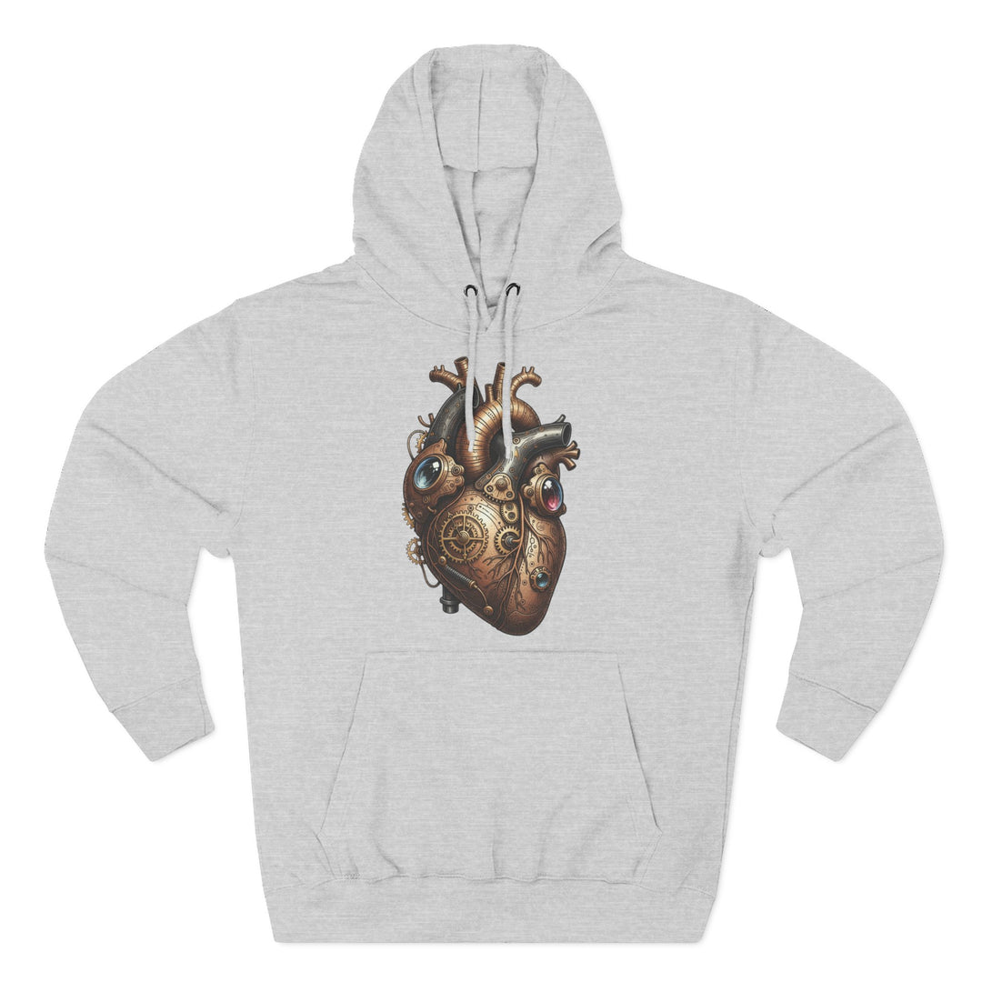 Gray hoodie by S&amp;W Gallus featuring a detailed, steampunk-style metal heart graphic with gears, cogs, and tubing.