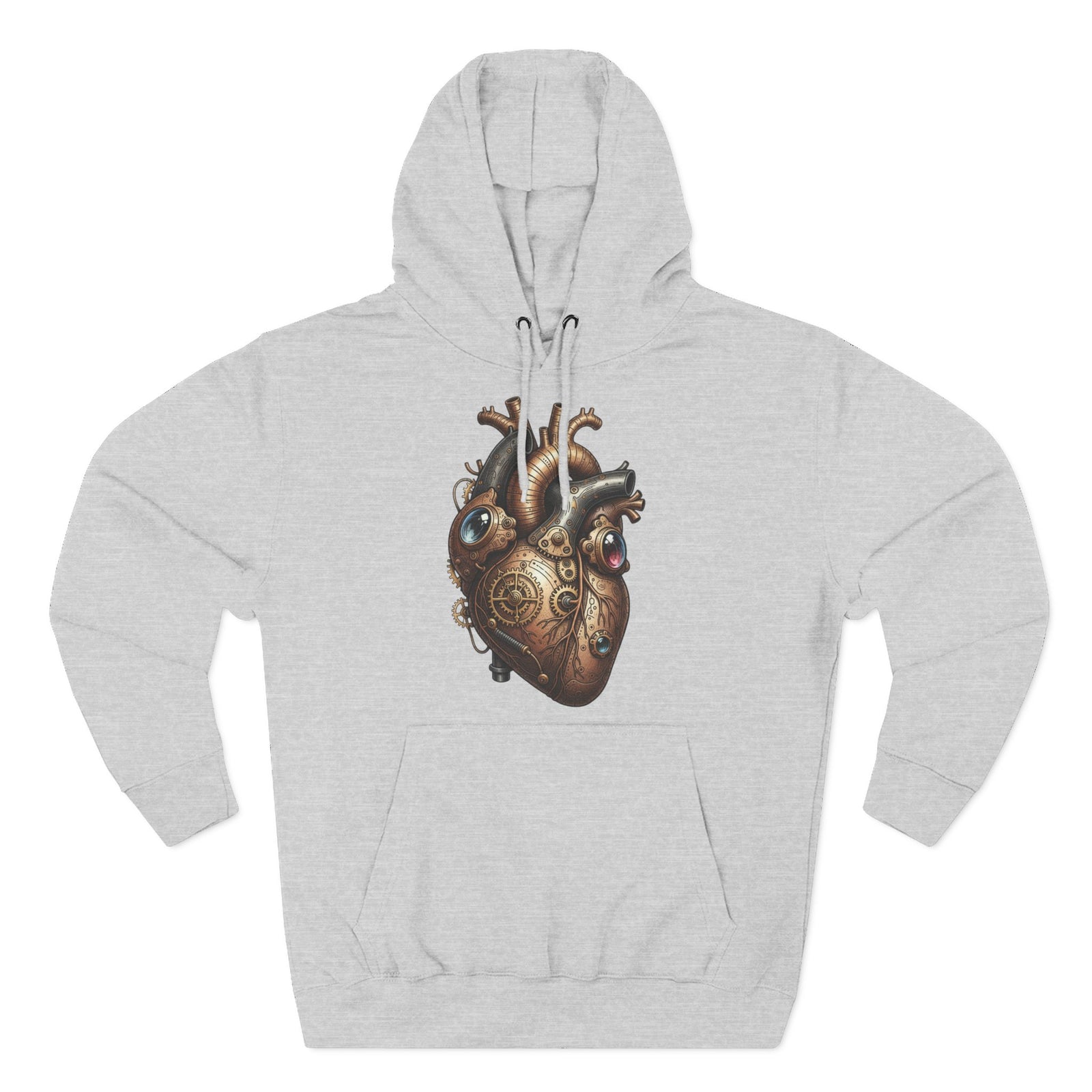 Gray hoodie by S&W Gallus featuring a detailed, steampunk-style metal heart graphic with gears, cogs, and tubing.
