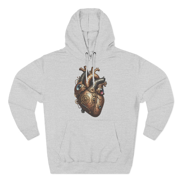Gray hoodie by S&amp;W Gallus featuring a detailed, steampunk-style metal heart graphic with gears, cogs, and tubing.