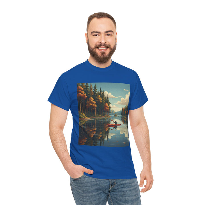 Blue T-shirt with a canoeing scene by S&amp;W Gallus, worn with blue jeans.