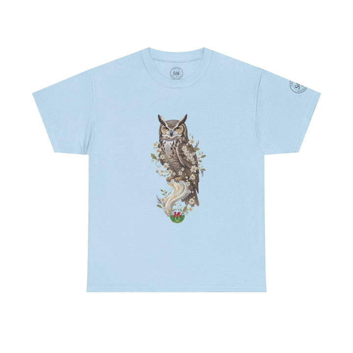 Light blue t-shirt by S&amp;W Gallus featuring a graphic print of an owl with floral accents.